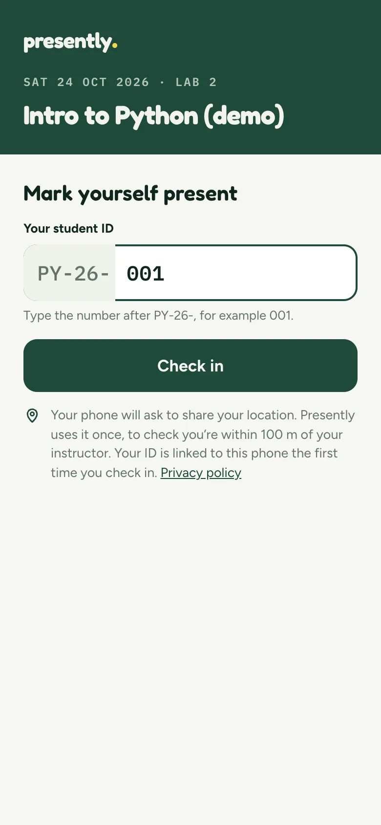 The check-in page again, with 001 already filled in after PY-26-.