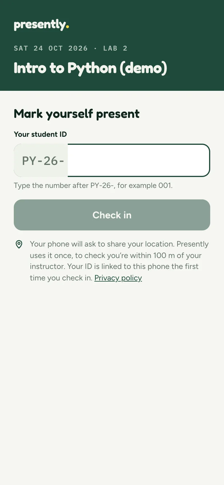 Check-in page for Intro to Python, Lab 2. Heading: Mark yourself present. A student ID box after the fixed start PY-26-, and a Check in button.