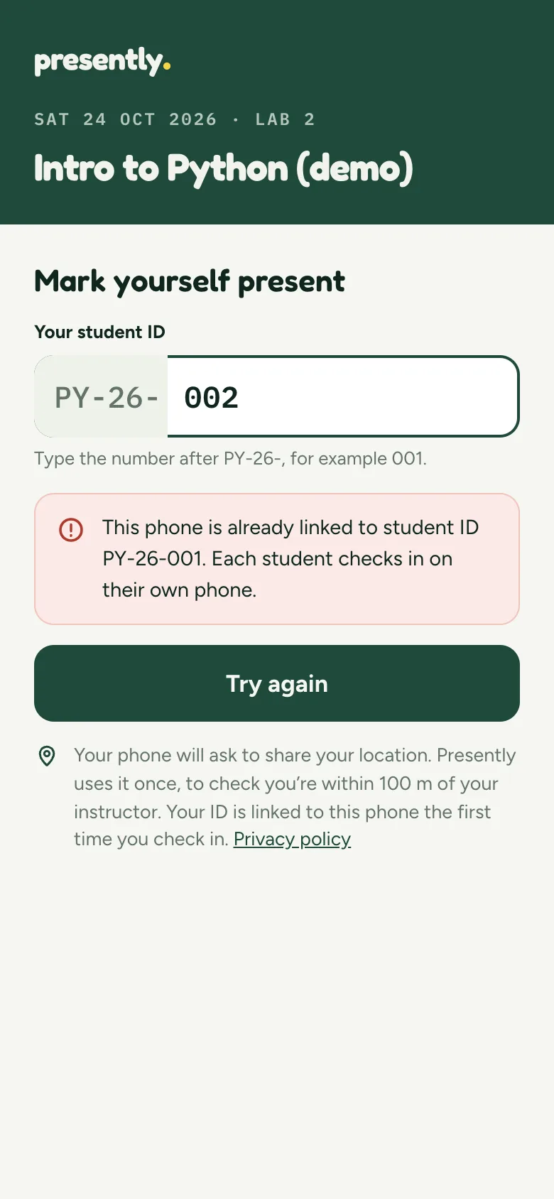 A red notice: This phone is already linked to student ID PY-26-001. Each student checks in on their own phone. A Try again button.