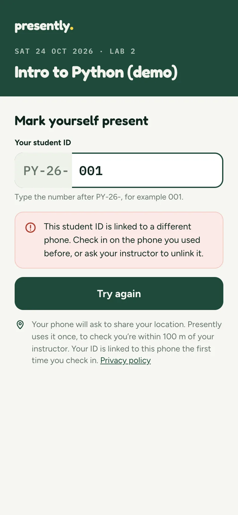 A red notice: This student ID is linked to a different phone. Check in on the phone you used before, or ask your instructor to unlink it. A Try again button.