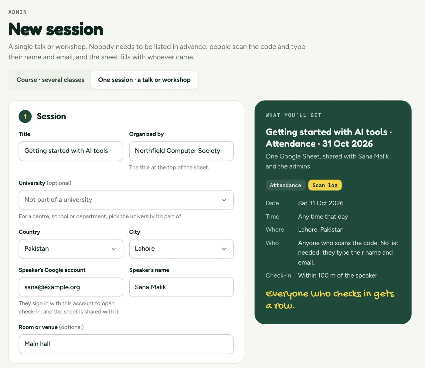 The New session form. Title: Getting started with AI tools. Organized by: Northfield Computer Society. Country Pakistan, city Lahore, the speaker’s Google account and name, and Room or venue: Main hall. Beside it, a summary of the sheet Presently will create.