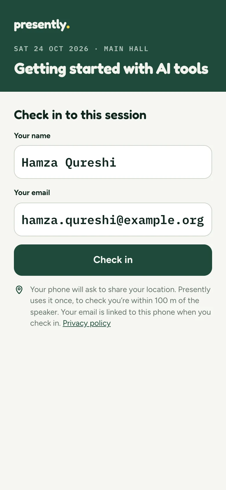 Check-in page for Getting started with AI tools, Main hall. Check in to this session. Your name: Hamza Qureshi. Your email: hamza.qureshi@example.org. A Check in button.