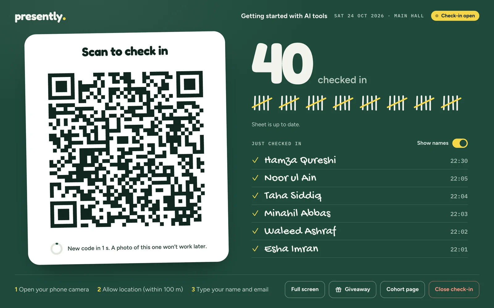 The QR screen for Getting started with AI tools: Scan to check in, a QR code, 40 checked in with tally marks, and the names that just checked in. At the bottom: Full screen, Giveaway, Cohort page and Close check-in.