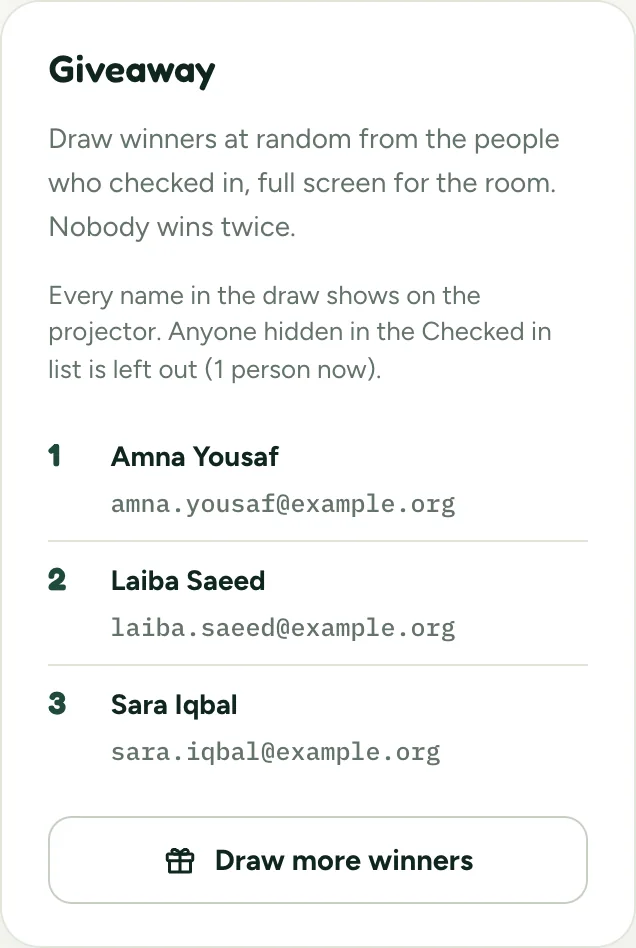 The Giveaway card on the session page: 1 Amna Yousaf, 2 Laiba Saeed, 3 Sara Iqbal, each with an email address. A Draw more winners button.